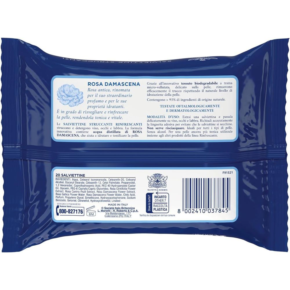 Retro della confezione blu. Testo su Rosa Damascena, ingredienti, istruzioni per l'uso e codice a barre.