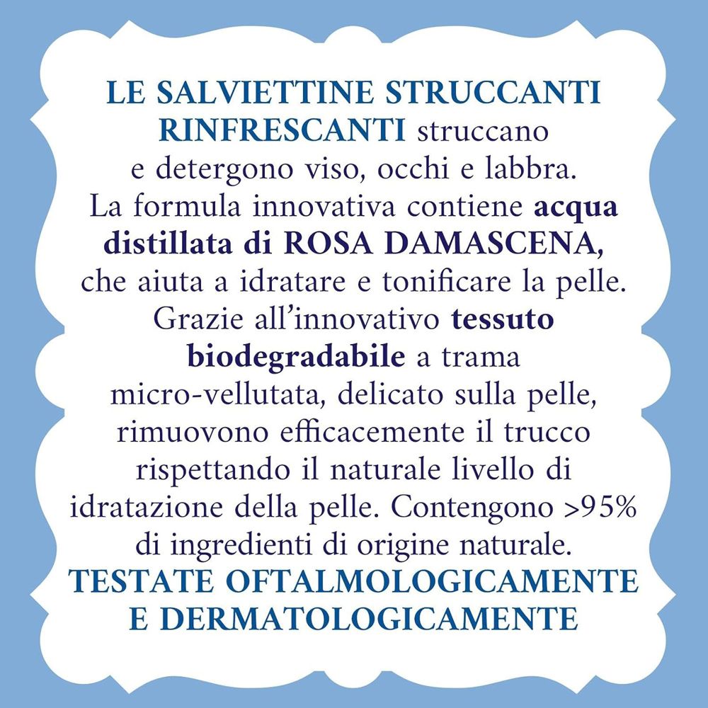 Testo su sfondo blu. Descrive le salviettine, gli ingredienti e i test dermatologici.