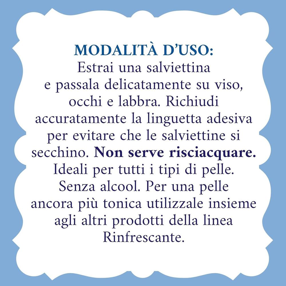 Testo su sfondo blu. Istruzioni per l'uso delle salviettine. Non risciacquare.