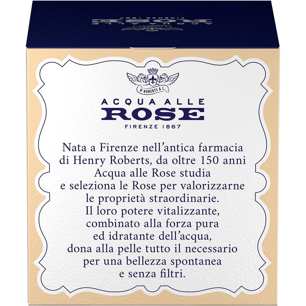 Testo su sfondo crema. Descrive la storia di Acqua alle Rose e le proprietà della rosa.