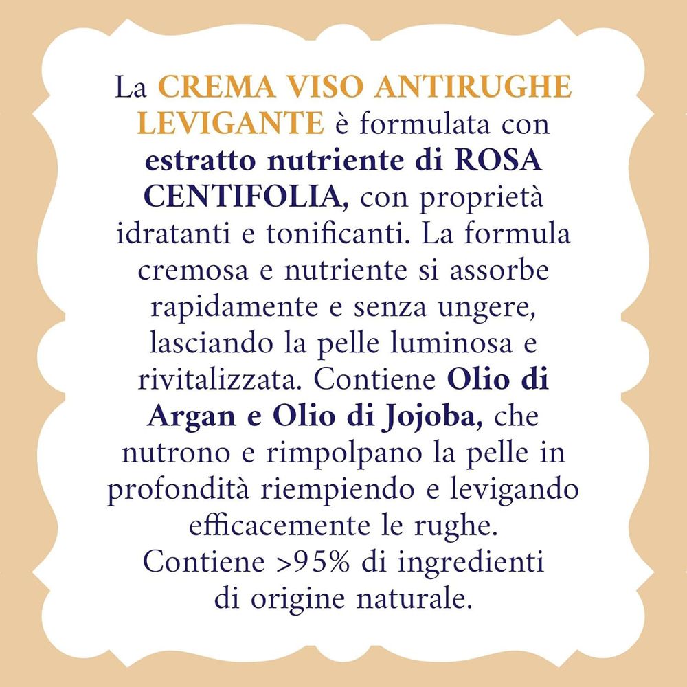 Testo su sfondo crema. Descrive gli ingredienti e le proprietà della crema.