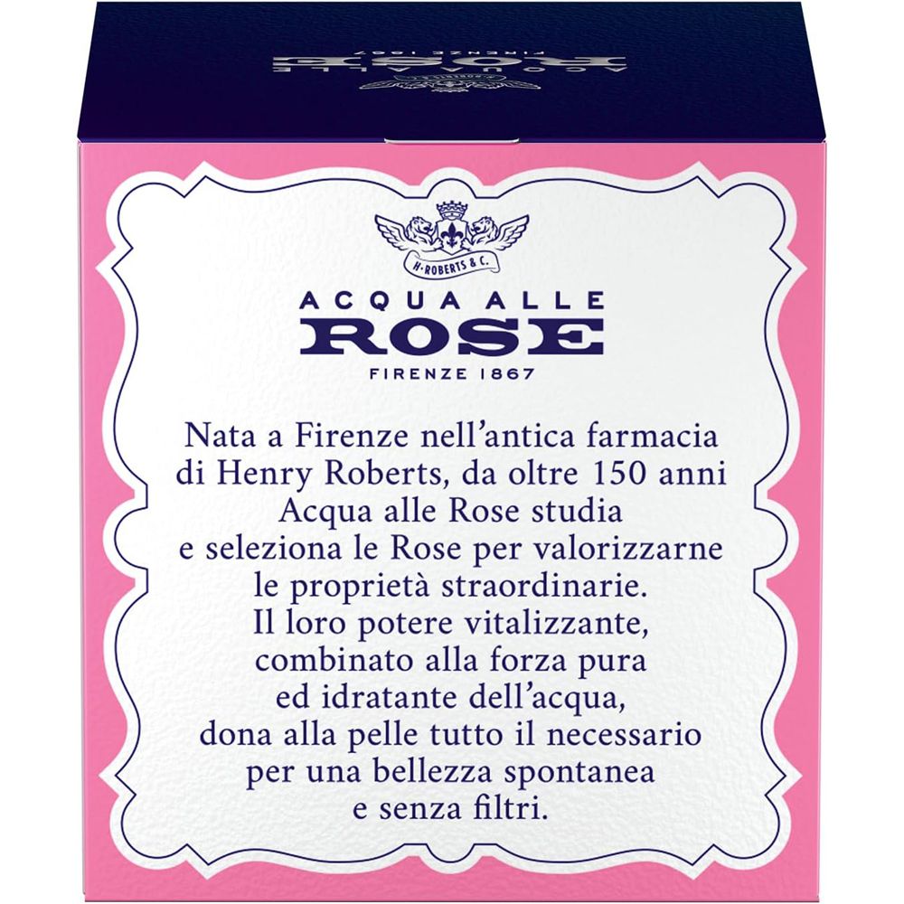 Testo su sfondo rosa. Acqua alle Rose, Firenze 1867. Descrizione del marchio e dei suoi prodotti.