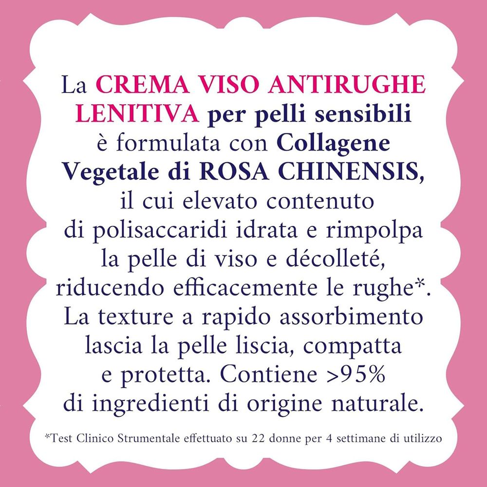 Testo su sfondo rosa. Descrizione della crema: Crema Viso Antirughe Lenitiva, con ingredienti.