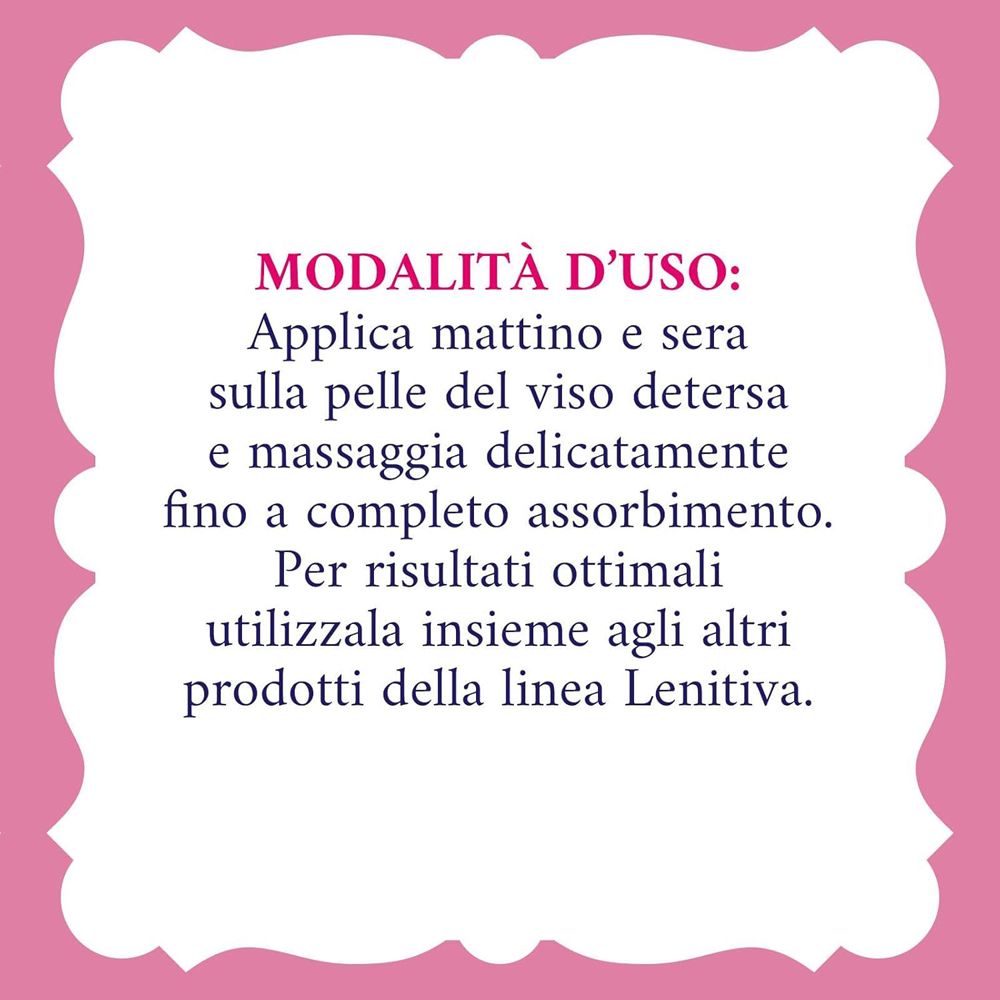Testo su sfondo rosa. Istruzioni per l'uso della crema: applicare mattina e sera.