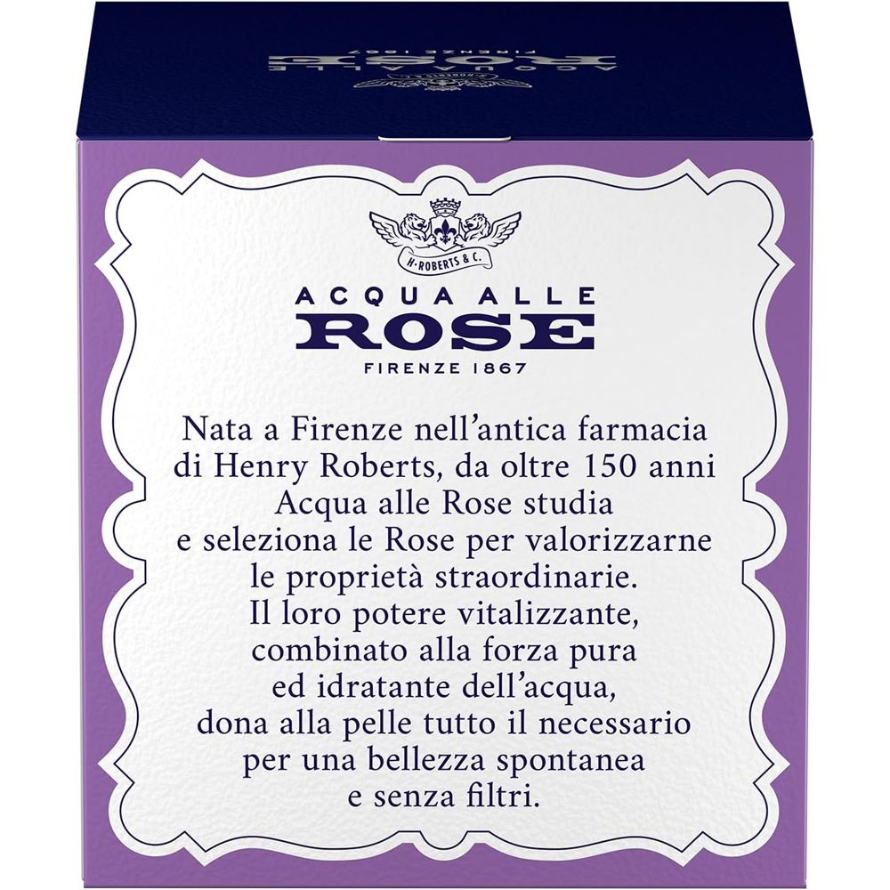Testo su sfondo viola. Informazioni sul marchio Acqua alle Rose e la sua storia.