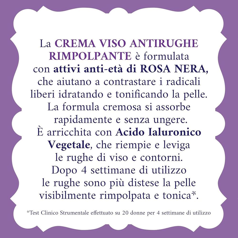 Testo su sfondo viola. Descrizione della crema, ingredienti ed effetti.