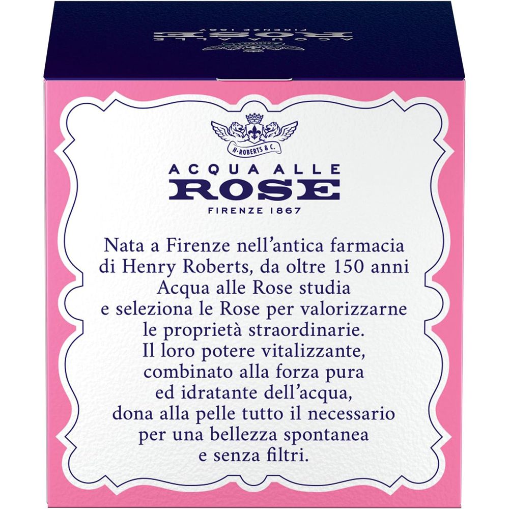 Testo su sfondo rosa. Descrive la storia di Acqua alle Rose e le sue proprietà.