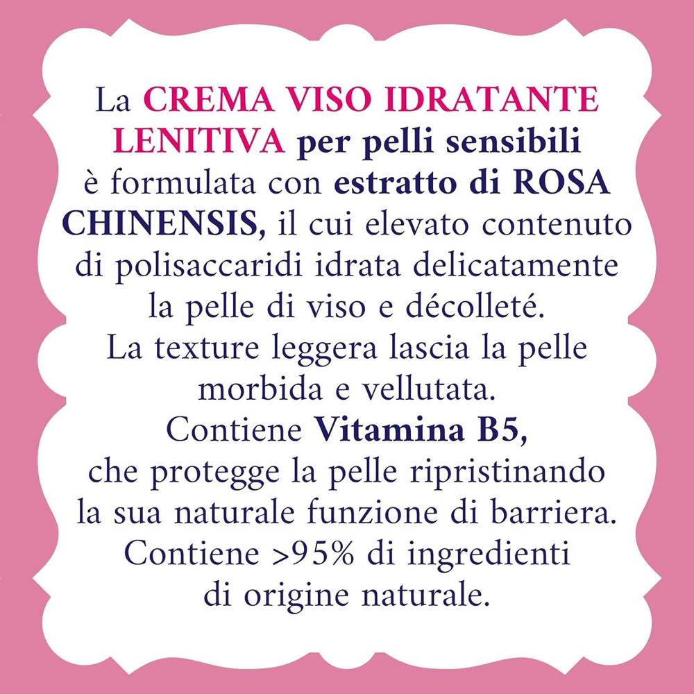 Testo su sfondo rosa. Descrive gli ingredienti e i benefici della crema viso.