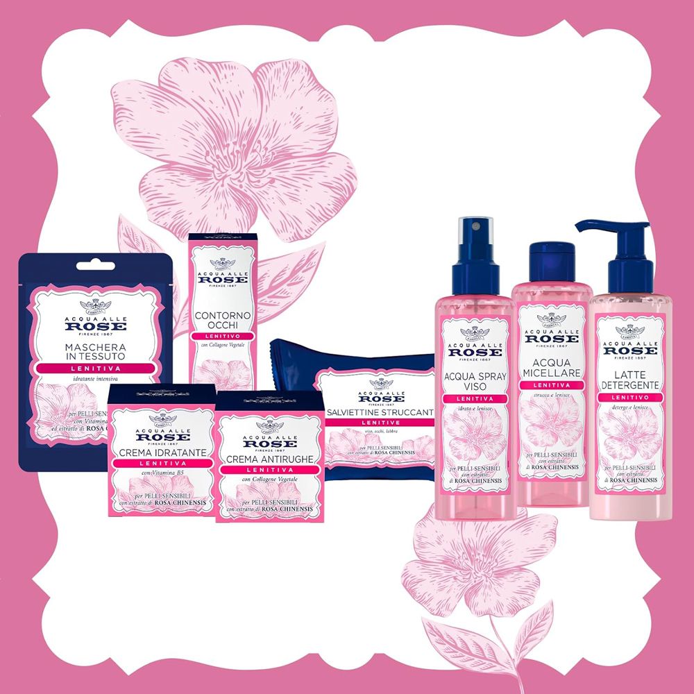 Vari prodotti Acqua alle Rose. Su sfondo rosa. Contiene crema viso.