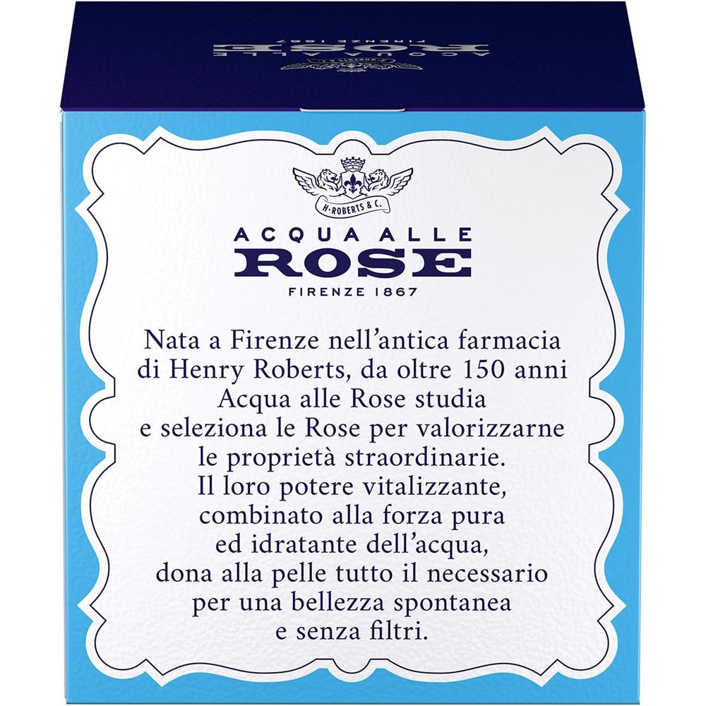Testo su sfondo azzurro. Testo: Acqua alle Rose, Firenze 1867. Descrive la storia e la rosa.