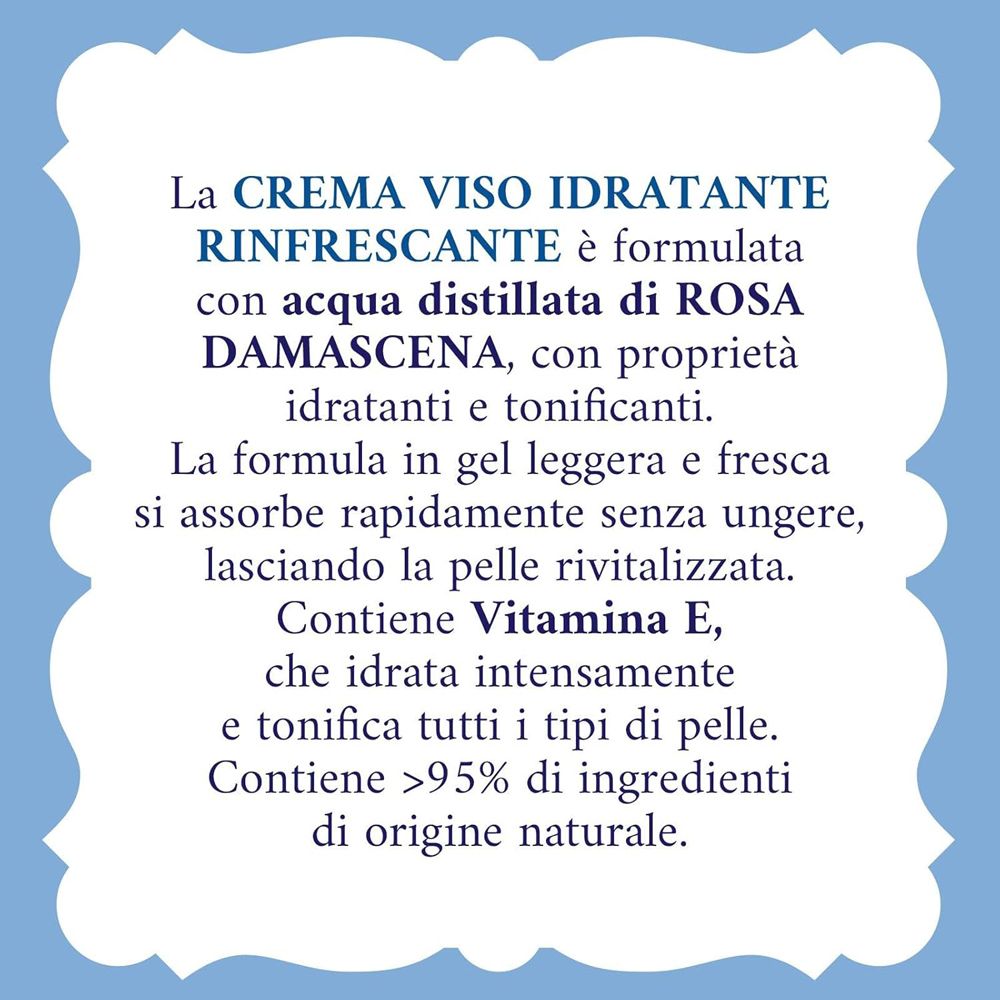 Testo su sfondo azzurro. Testo: Crema viso idratante Rinfrescante, con Rosa Damascena e Vitamina E.