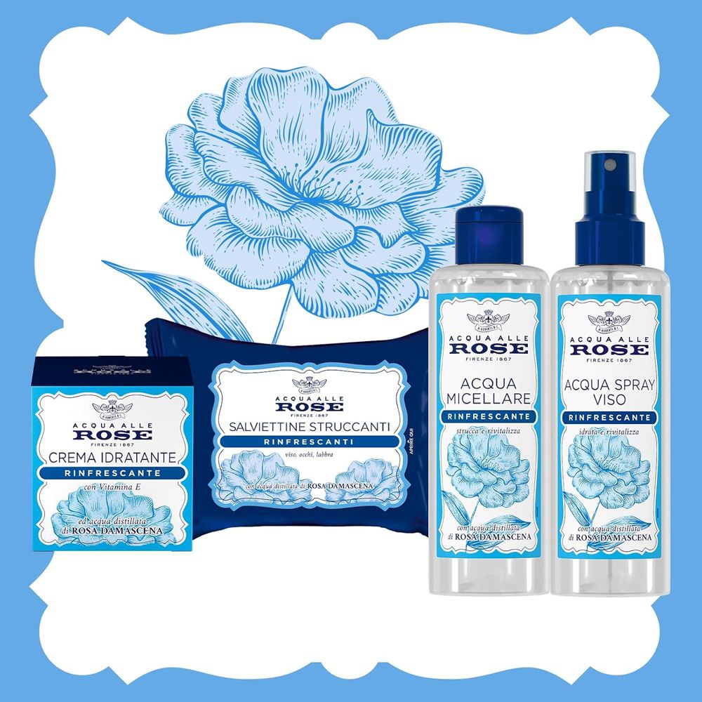 Gamma prodotti: crema, salviette, acqua micellare e spray viso. Tutti con rosa.