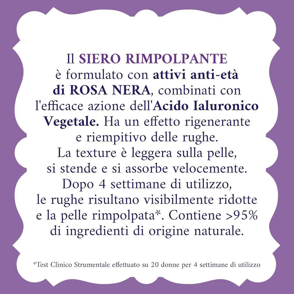 Testo su sfondo viola. Descrive gli ingredienti e gli effetti del prodotto.