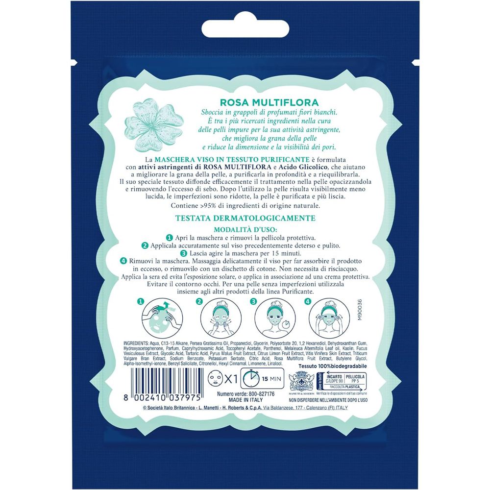 Retro della confezione della maschera viso. Testo su Rosa Multiflora e istruzioni per l'uso. Dermatologicamente testato.