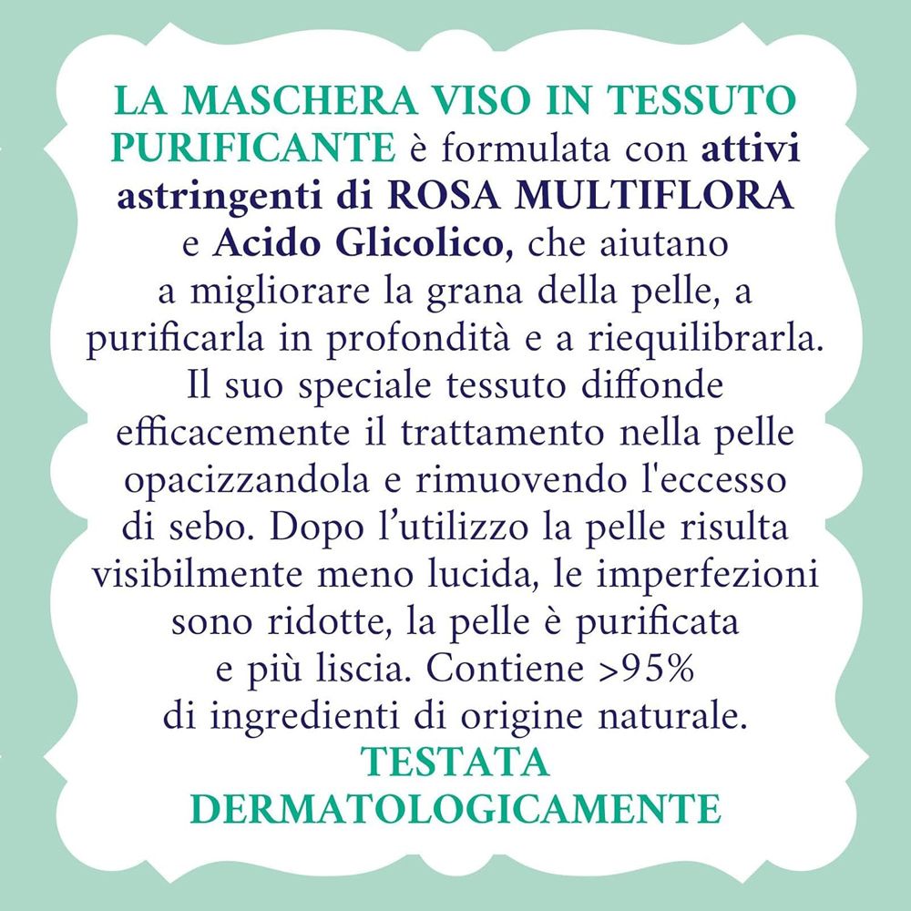 Testo sulla maschera viso. Contiene Rosa Multiflora e acido glicolico. Dermatologicamente testato. Oltre il 95% di ingredienti naturali.