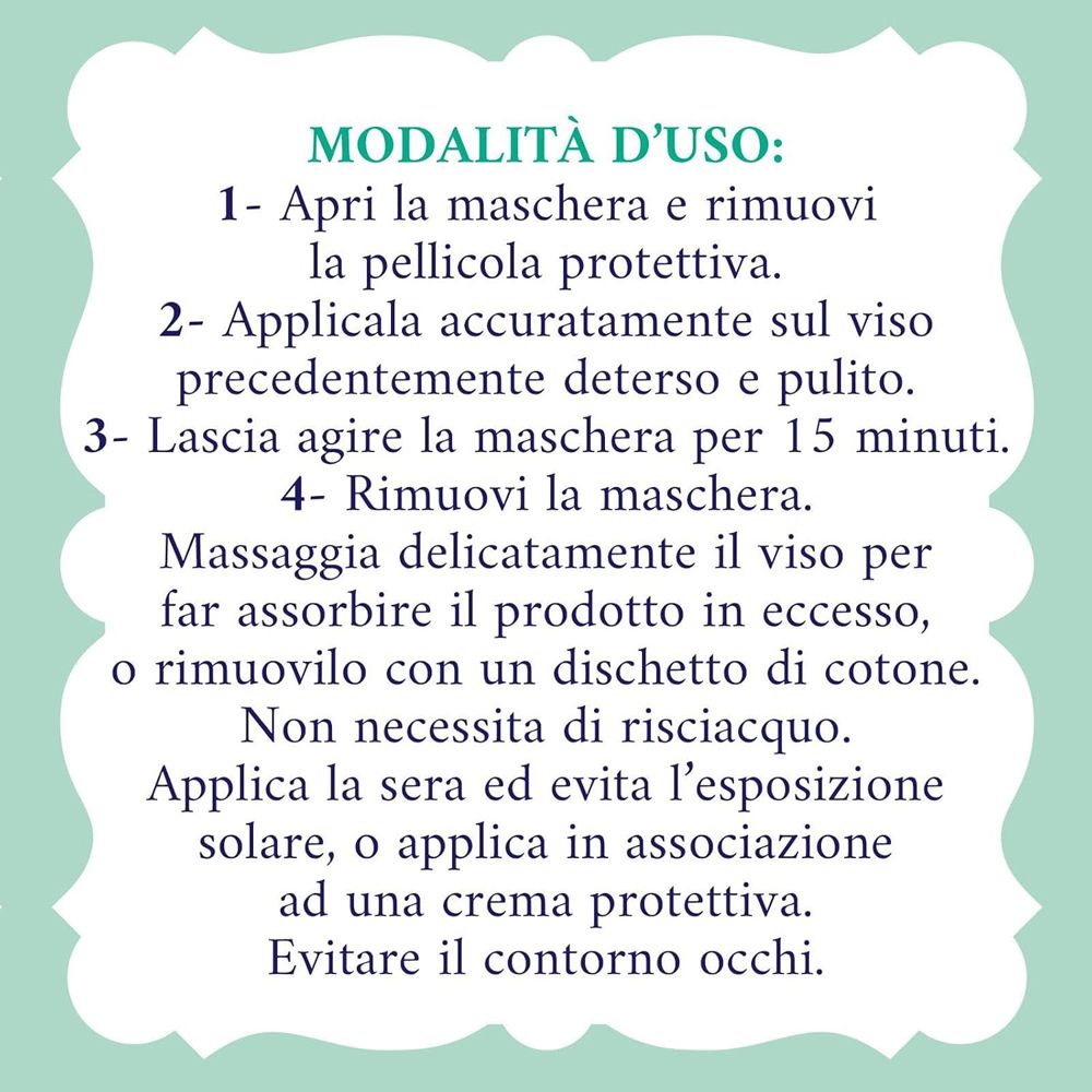 Istruzioni per l'uso della maschera viso. Passaggi: Aprire, applicare, lasciare agire 15 minuti, rimuovere. Non risciacquare.
