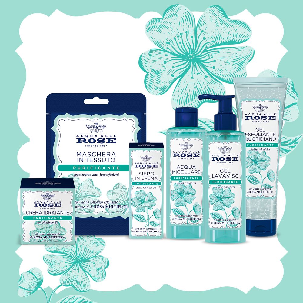 Vari prodotti del marchio Acqua alle Rose. Tra cui maschera viso, creme, gel detergente e acqua micellare.