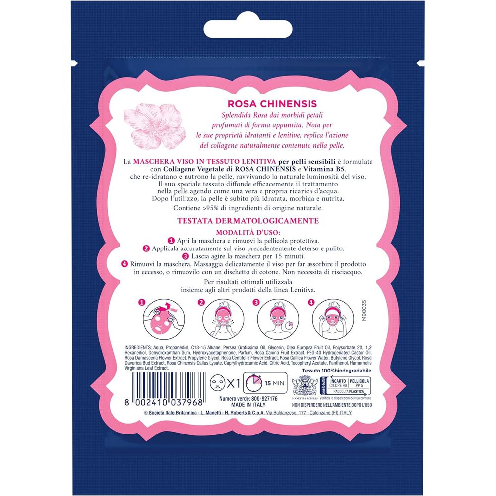 Retro della busta. Testo su Rosa Chinensis, ingredienti e uso. Dermatologicamente testato. Illustrazioni.