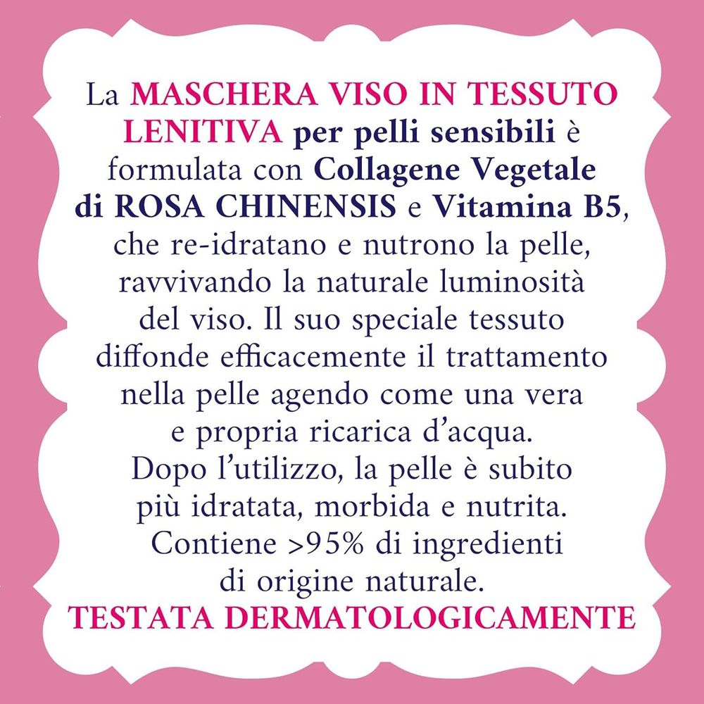 Testo su sfondo rosa. Descrizione della maschera viso. Dermatologicamente testato. Oltre il 95% di ingredienti naturali.