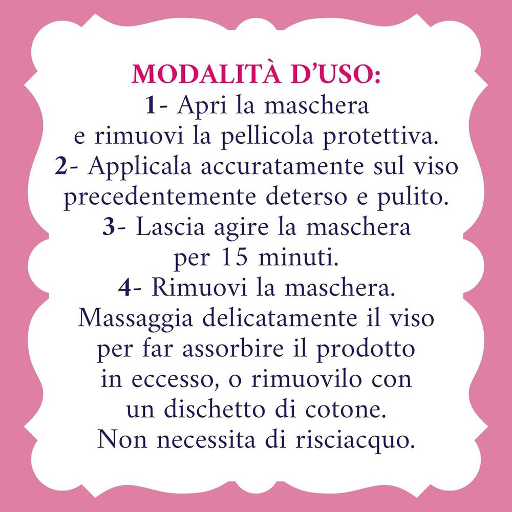 Istruzioni per l'uso della maschera. Passaggi 1-4. Su sfondo rosa. Non necessita risciacquo.