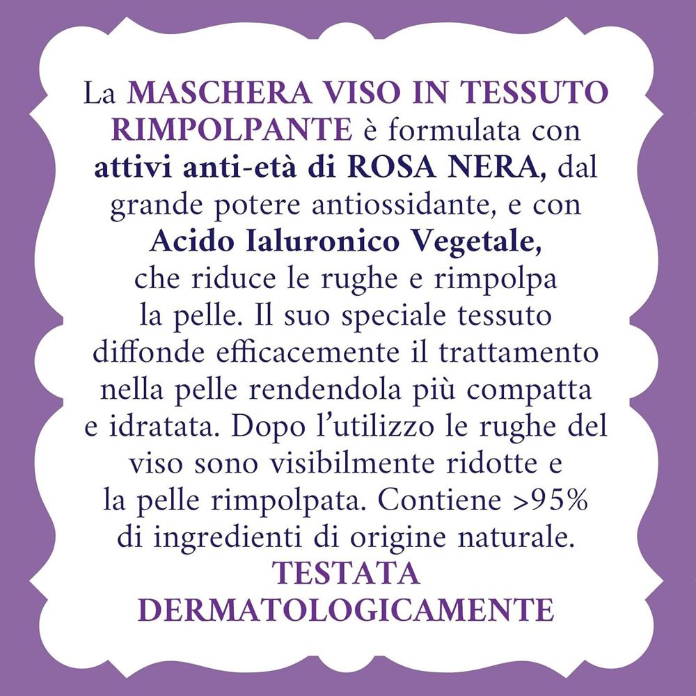 Testo su sfondo viola. Descrive le proprietà della maschera, ingredienti e test dermatologici.