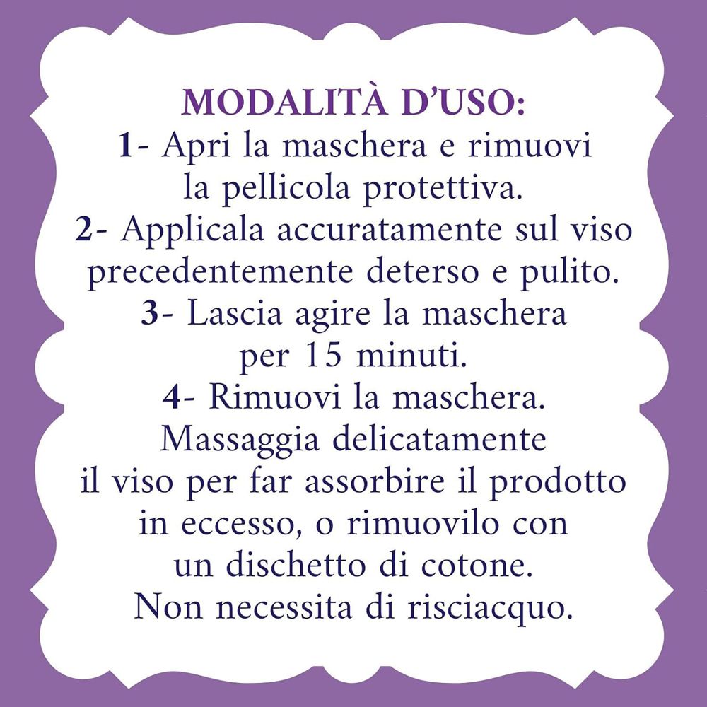 Istruzioni per l'uso della maschera viso. Passaggi 1-4. Su sfondo viola.