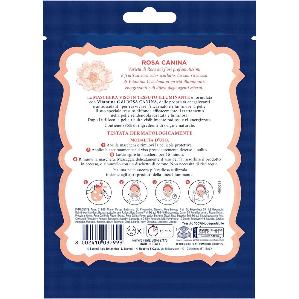 Retro della confezione della maschera. Testo in italiano. Contiene informazioni sugli ingredienti e l'uso.