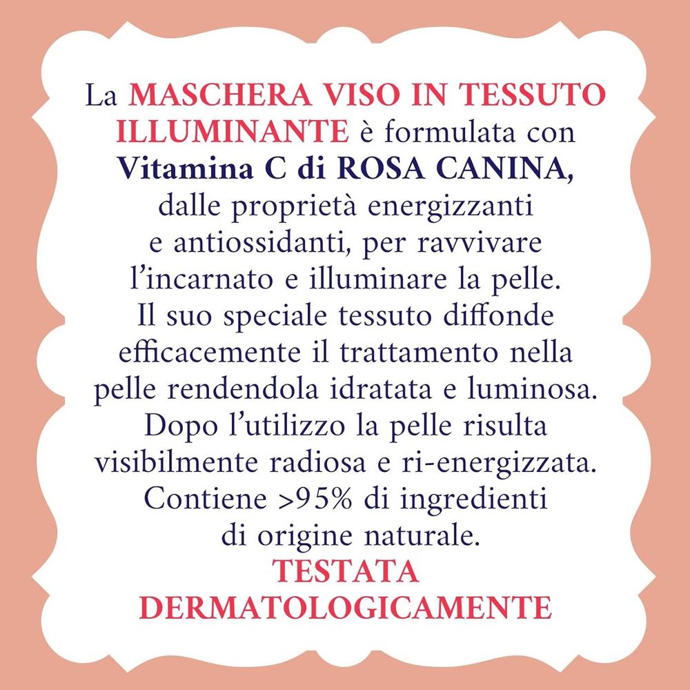 Testo su sfondo rosa. Descrive le proprietà della maschera. Contiene informazioni sugli ingredienti e gli effetti.