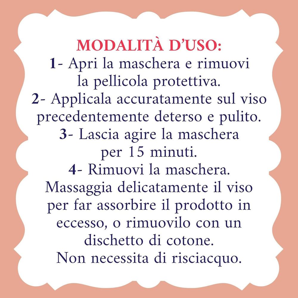 Istruzioni per l'uso della maschera. Passaggi 1-4. Testo su sfondo rosa. Le illustrazioni mostrano l'applicazione.