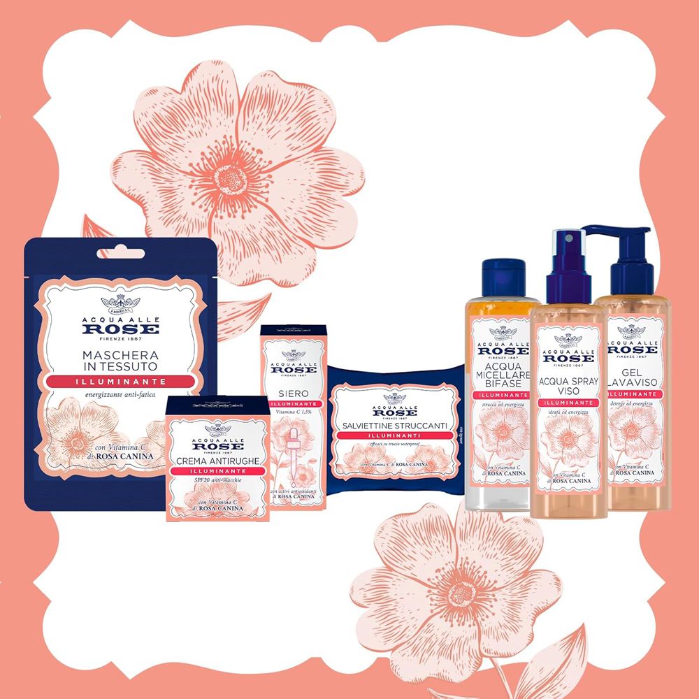 Diversi prodotti del marchio Acqua alle Rose. Contiene maschera, crema, siero, salviettine struccanti, spray viso e gel.