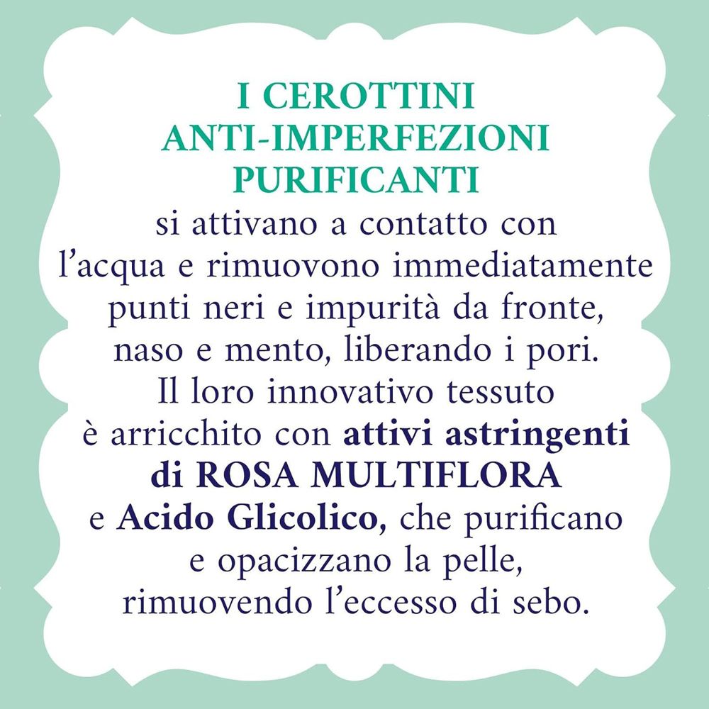 Testo su sfondo turchese. Testo: Cerottini Anti-imperfezioni Purificanti, Rosa Multiflora, Acido Glicolico.