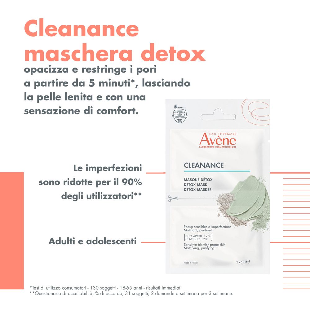 Testo con immagine del prodotto. Testo: Cleanance Maschera Detox. Riduce le imperfezioni. Per adulti e adolescenti. Contiene confezione.