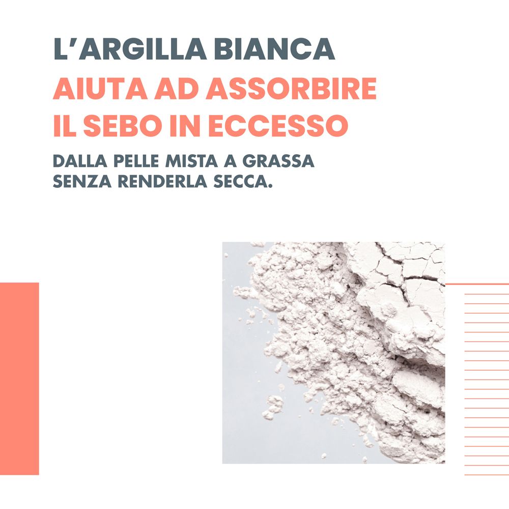 Primo piano di polvere bianca. Testo: L'argilla bianca aiuta ad assorbire il sebo in eccesso. Per pelli miste e grasse.