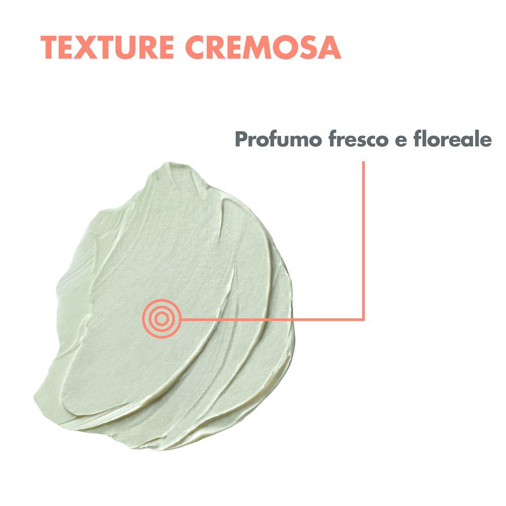 Testo: Texture cremosa. Testo: Profumo fresco e floreale. Texture cremosa verde con un cerchio rosso.