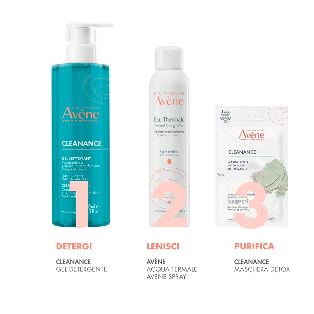Tre prodotti affiancati. 1: Cleanance Gel Nettoyant. 2: Avène Eau Thermale. 3: Cleanance Maschera Detox. Tutti con marchio.
