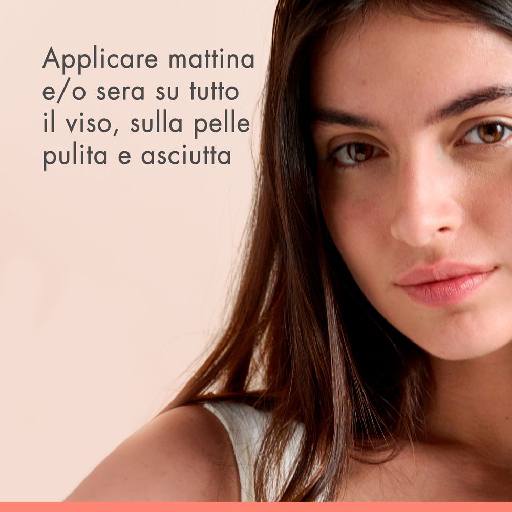 Volto di donna. Testo: Applicare mattina e/o sera sul viso.