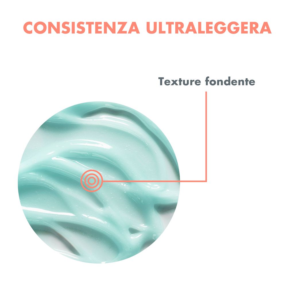 Vasetto bianco con coperchio blu. Scritta: Eau Thermale Avène, Cleanance, Aqua-Gel matifiant. 50 ml.