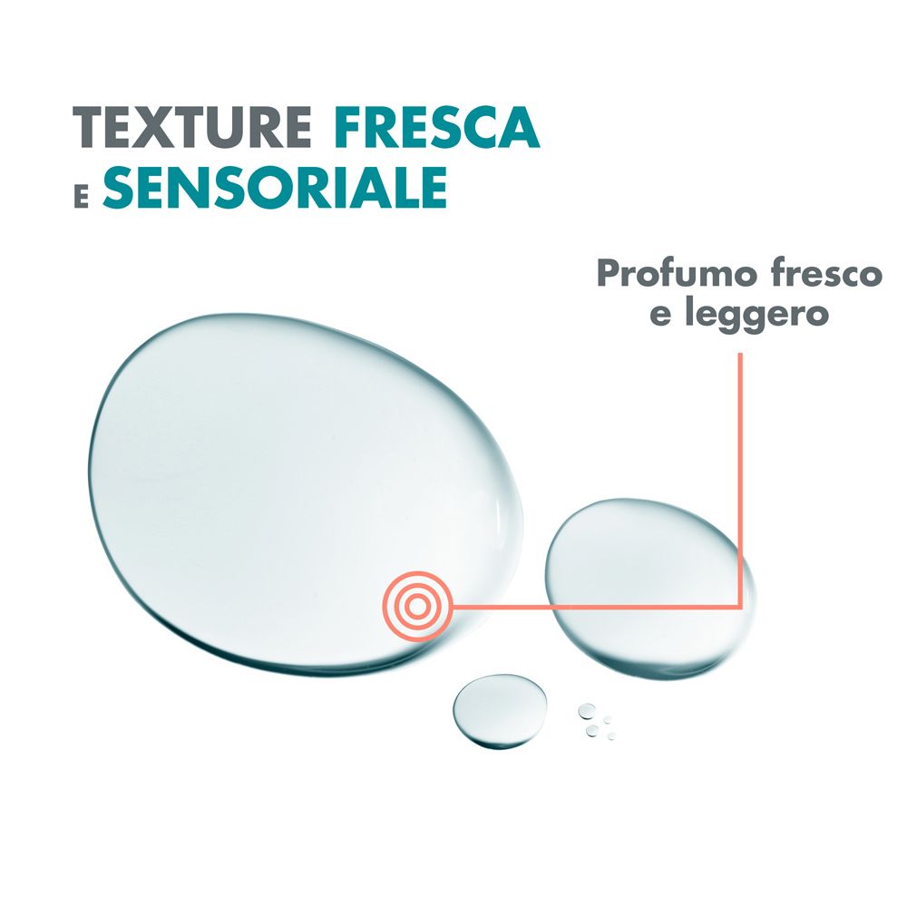 Illustrazione di gocce d'acqua. Testo: Texture fresca e sensoriale. Profumo fresco e leggero.