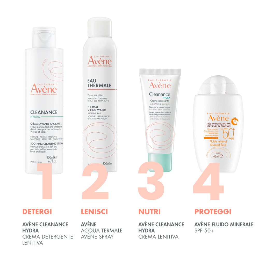 Quattro prodotti. Avène Cleanance Hydra, Aqua Thermale Avène Spray, Cleanance Hydra Crème, Avène Fluido Minerale SPF 50+.