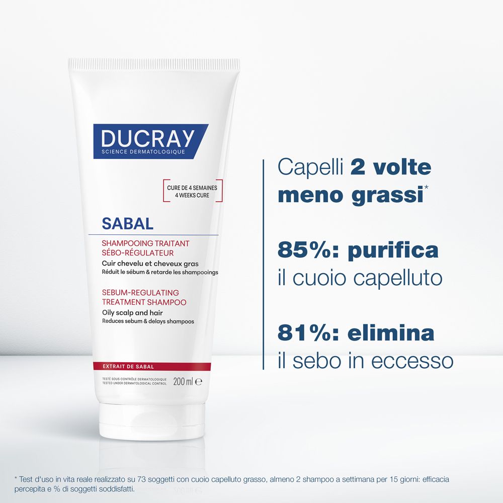 Tubo di prodotto con testo. Testo: 2 volte meno grassi, 85% purifica il cuoio capelluto, 81% elimina il sebo in eccesso.