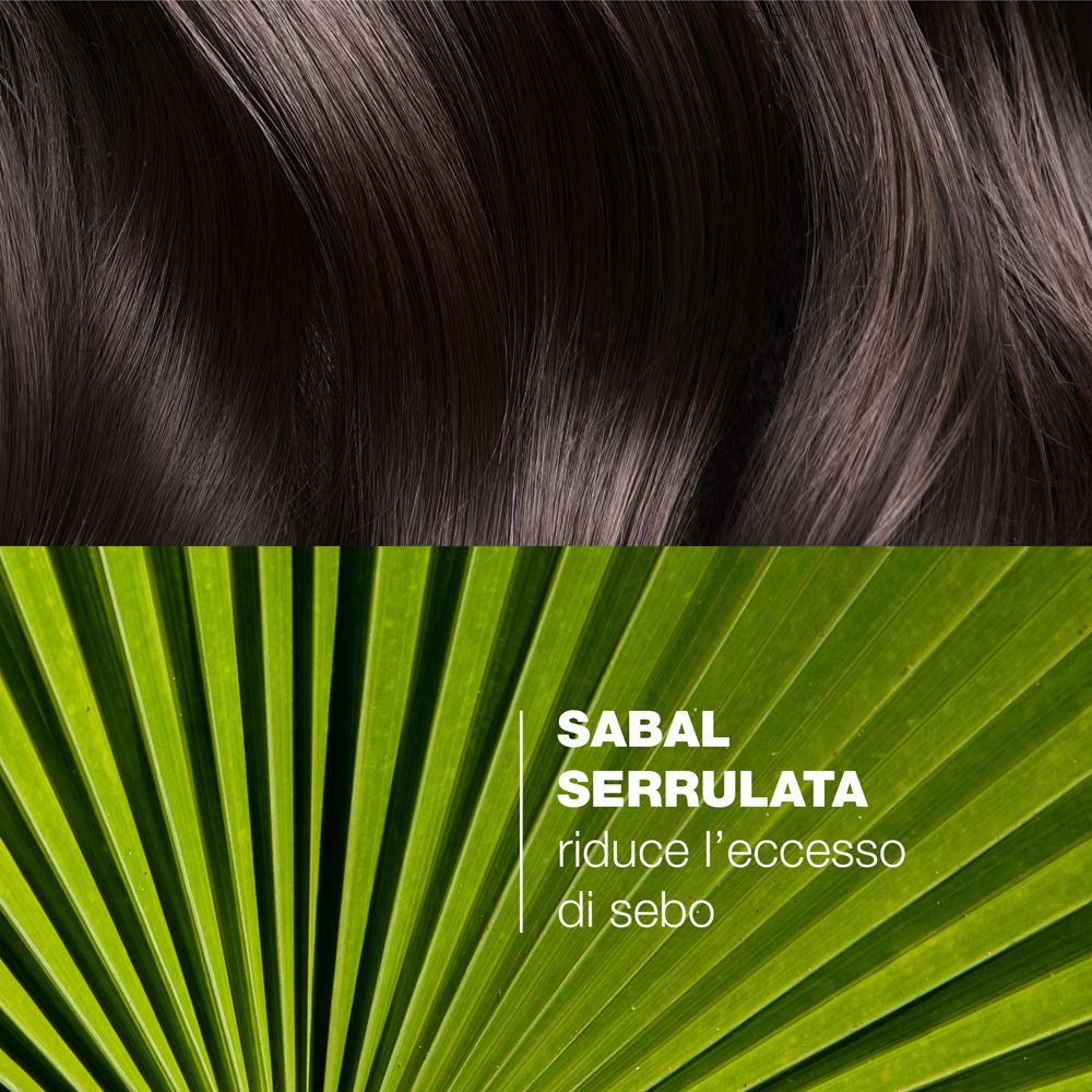 Capelli castani e foglie verdi. Testo: Sabal Serrulata riduce l'eccesso di sebo.