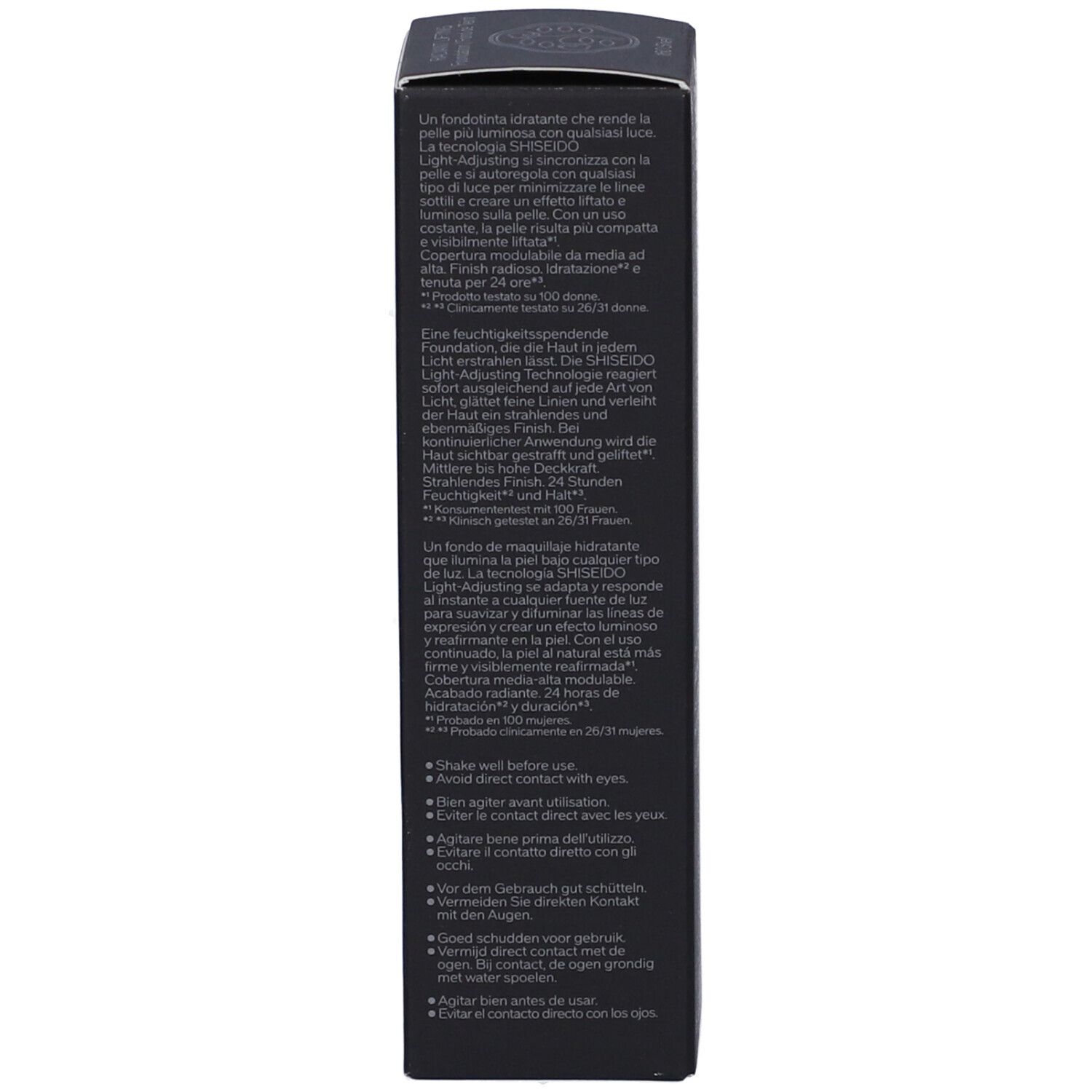 Confezione con testo multilingue. Descrizione del prodotto e istruzioni per l'uso. Testo: Shake well before use.