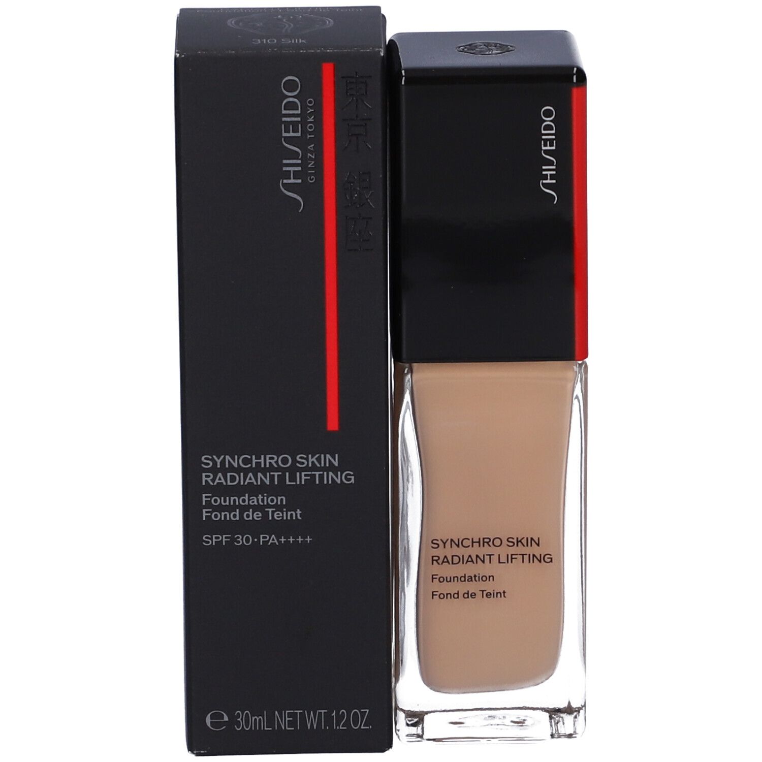 SHISEIDO SYNCHRO SKIN RADIANT LIFTING fondotinta e confezione. Scatola nera con prodotto e testo.