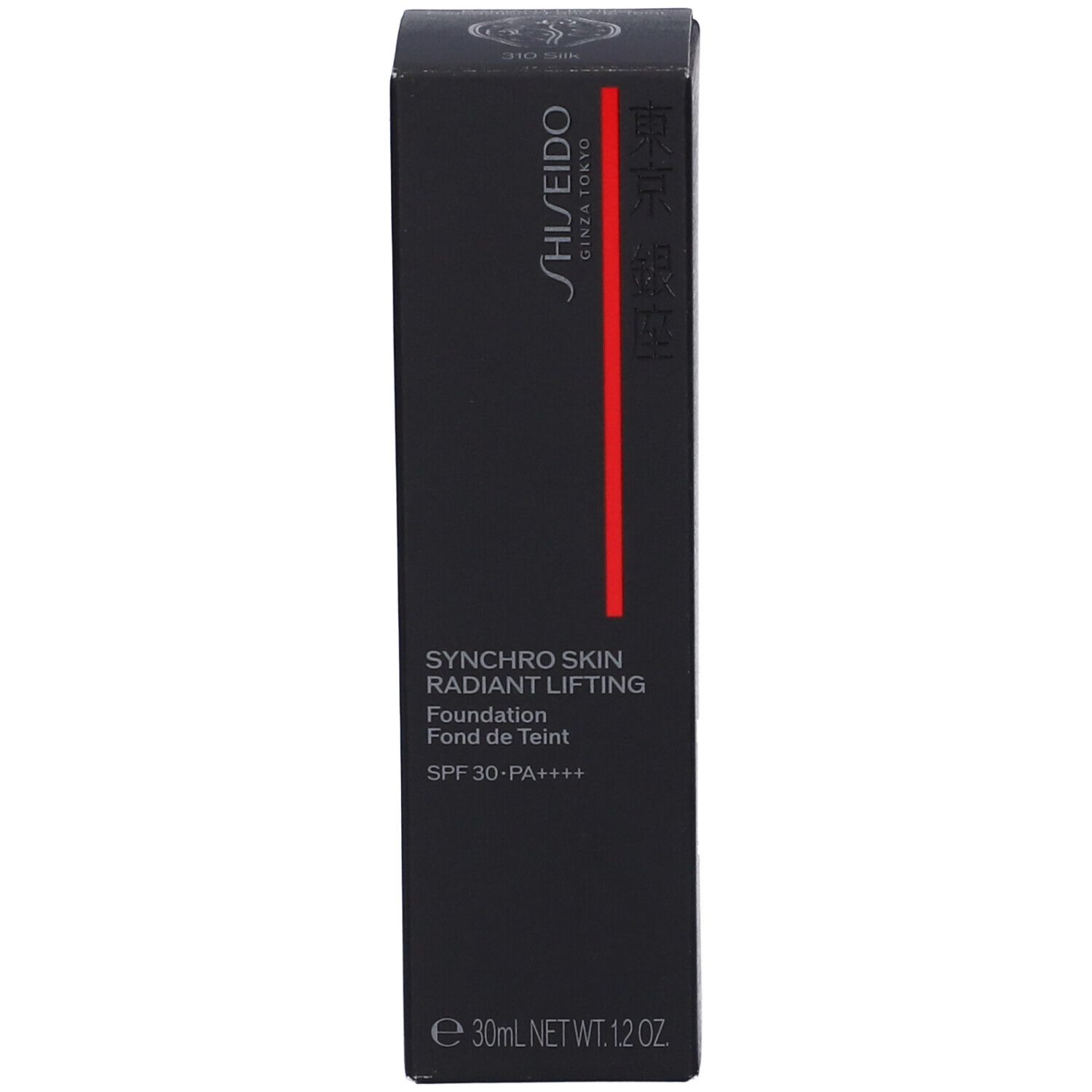 Scatola nera con SHISEIDO SYNCHRO SKIN RADIANT LIFTING fondotinta. Testo: SPF 30-PA++++.
