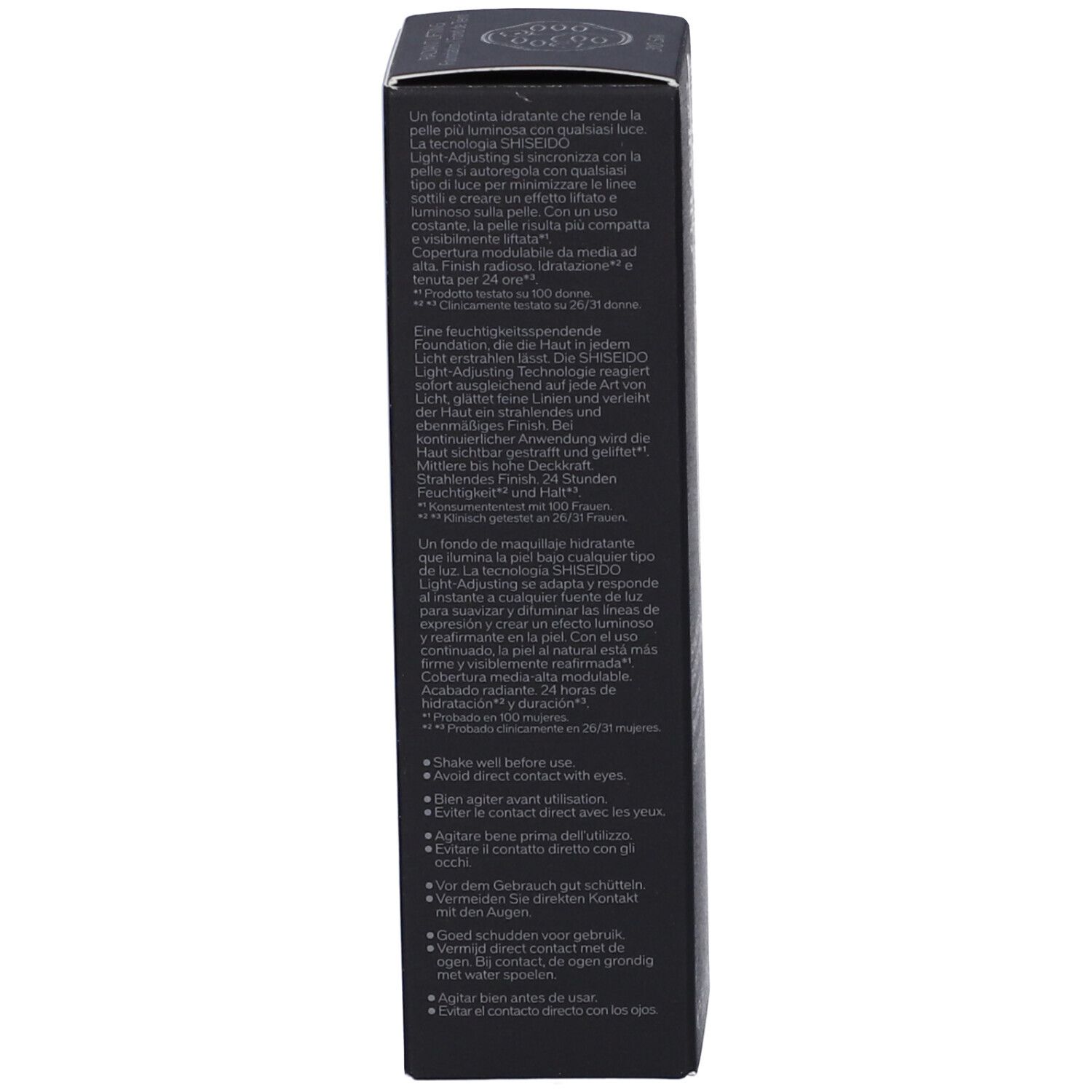 Retro della scatola nera. Testo multilingue. Descrizione del prodotto e istruzioni per l'uso.