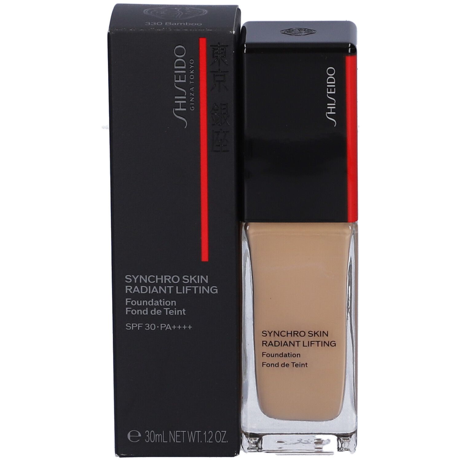 SHISEIDO Synchro Skin Fond de Teint Lifting Radieux con confezione. Scatola nera con nome del prodotto e SPF 30-PA++++. 30ml.