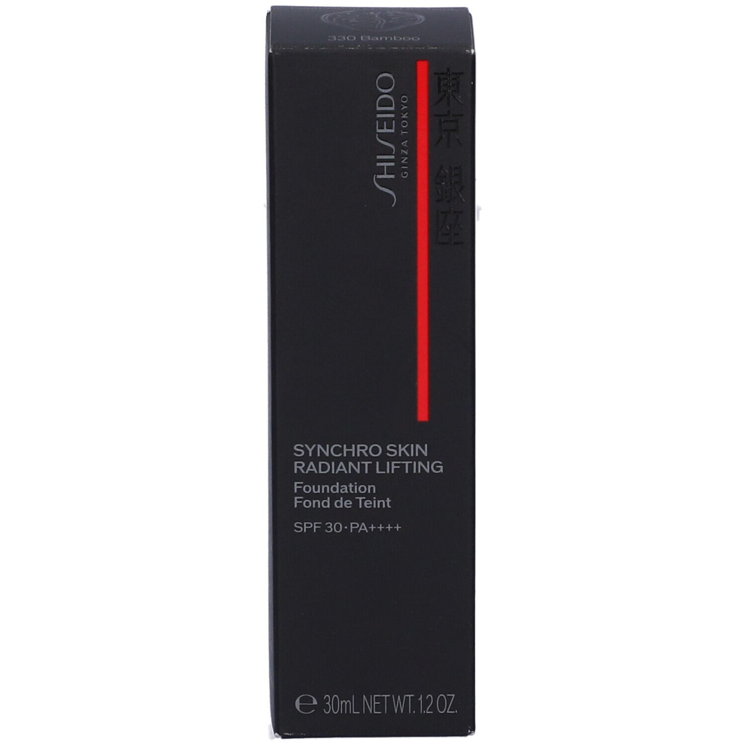 Confezione nera SHISEIDO Synchro Skin Fond de Teint Lifting Radieux. Nome del prodotto, SPF 30-PA++++ e logo del marchio visibili. 30ml.