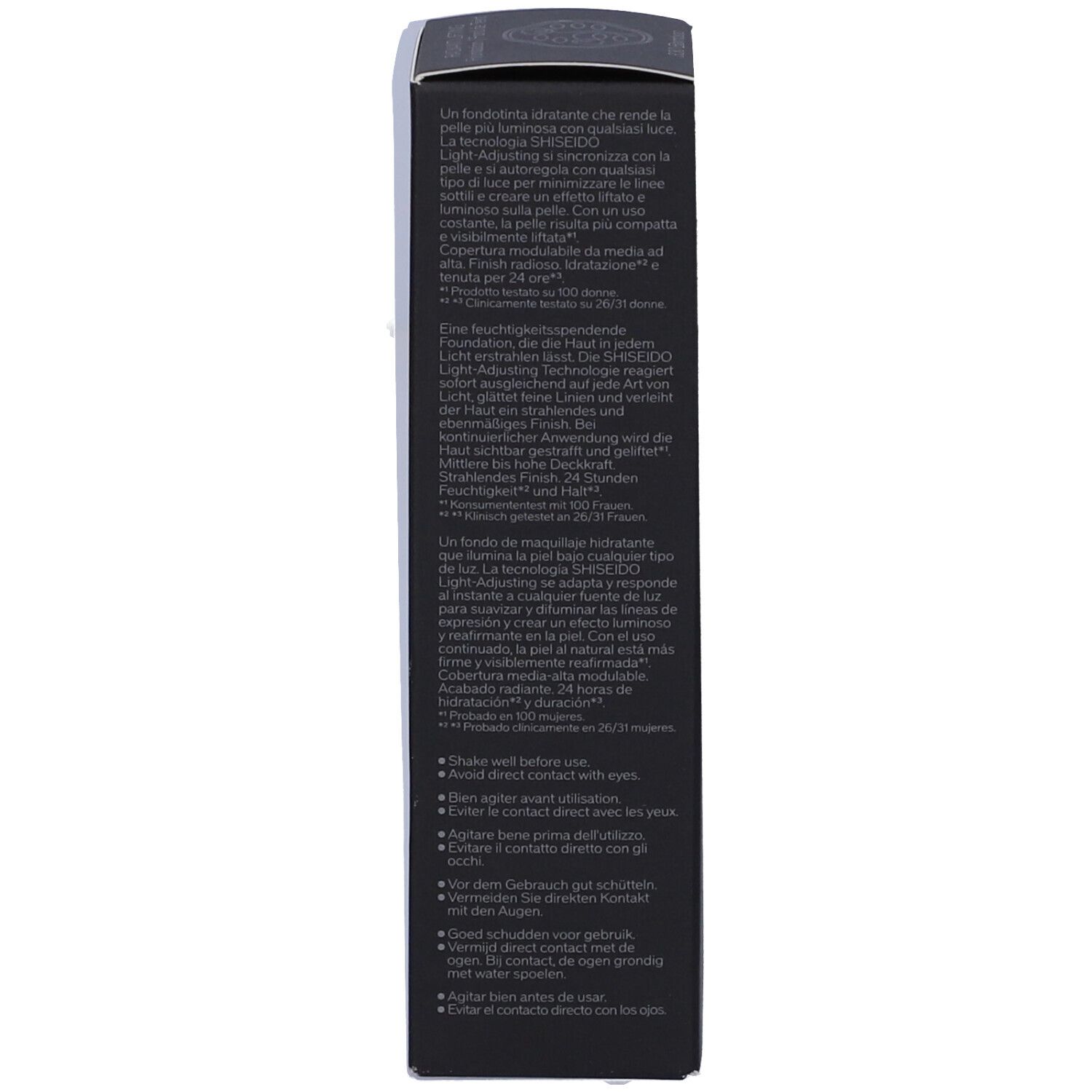Lato della confezione SHISEIDO Synchro Skin Fond de Teint Lifting Radieux. Testo multilingue. Descrizione del prodotto e istruzioni per l'uso.