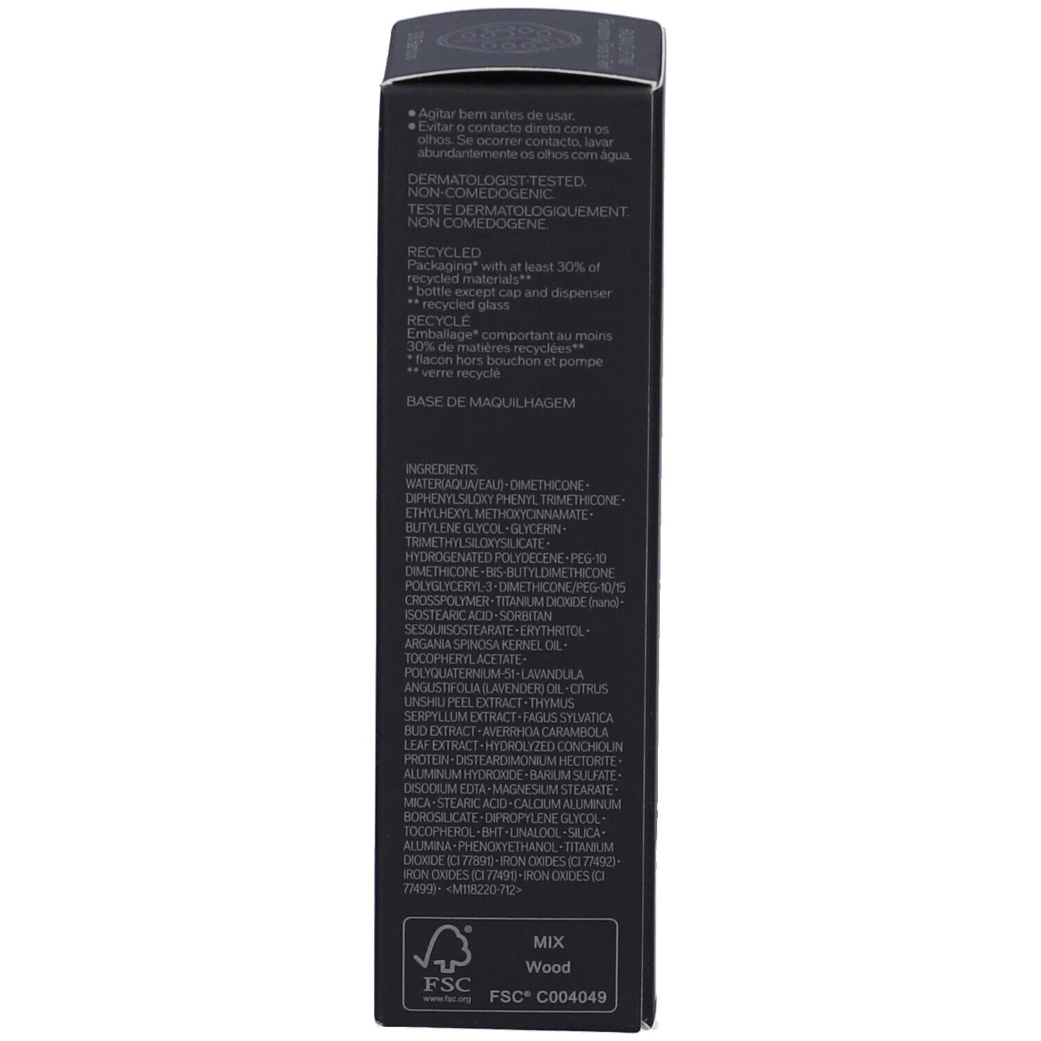 Lato della confezione SHISEIDO Synchro Skin Fond de Teint Lifting Radieux. Ingredienti, informazioni sul riciclo e certificazione FSC.