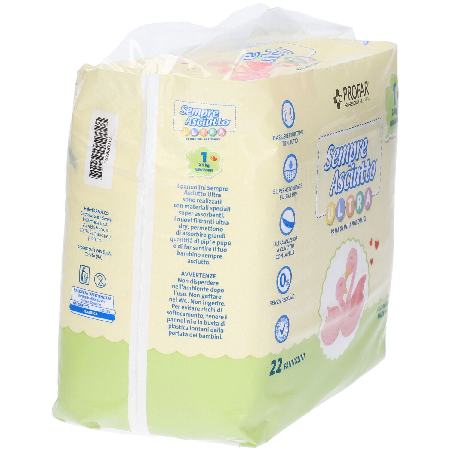 Retro della confezione di pannolini Profar Sempre Asciutto Ultra New Born con informazioni sul prodotto.